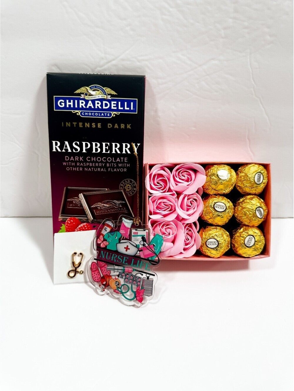 Nurses Gift Box with Raspberry Dark Chocolate, Pink Rose Box - Picture 8 of 11